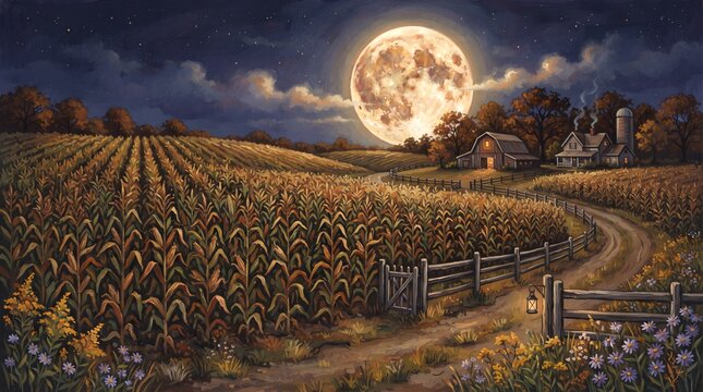 Night Cornfield Landscape Background with Bright Full Moon and Autumn Farm Countryside Layout