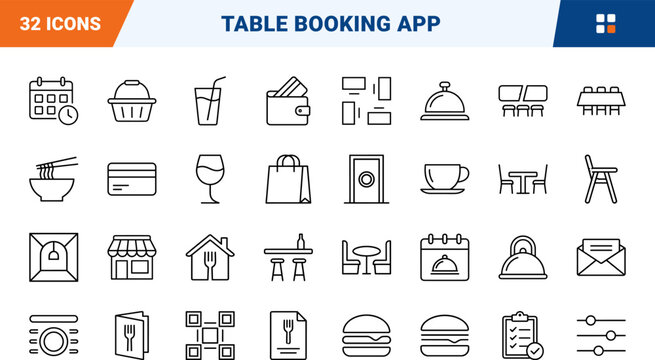 Restaurant reservation app line icon set. Vector pictograms of dining table, food order, booking interface, and customer support elements, thin linear illustration.