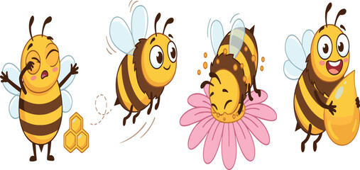 Obraz premium Cute Honey Bee Cartoon Character Set with Expressive Flight Emotions, Pollinating Pink Flower, Comb, and Golden Drop for Children Graphic Designs