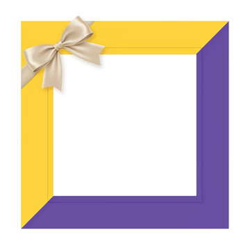 Square yellow and purple festive photo frame with decorative elegant gift bow decoration celebration copy space template isolated occasion anniversary