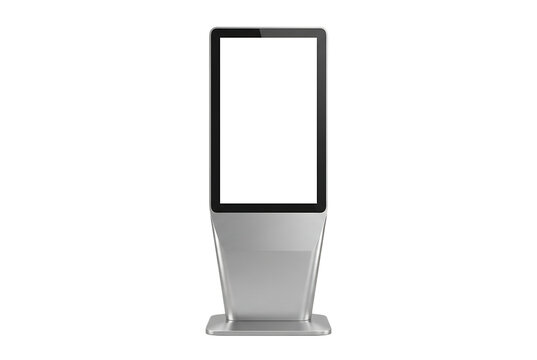 Digital advertising kiosk mockup, modern information screen stand, touch screen display for marketing or wayfinding on transparent background, interactive terminal for business.