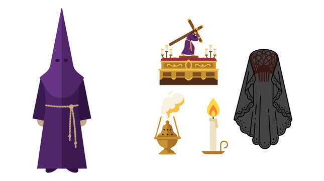 Semana Santa procession elements set nazareno hooded robe, paso float religious, incense burner brass, candle procession, mantilla lace veil.