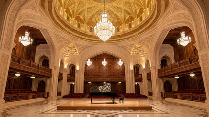 Fototapeta premium Grand Hall Interior with Piano Under Golden Dome and Chandeliers, Elegant Architecture