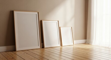 Fototapeta premium Three blank canvases lean against a warm sunlit wall on a wooden floor