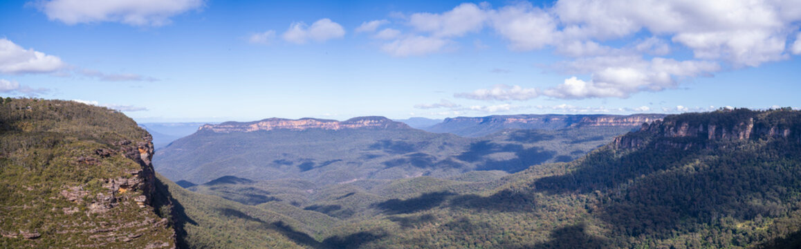 Panoramic view of Jamison Valley with Three Sisters and Mount Solitary