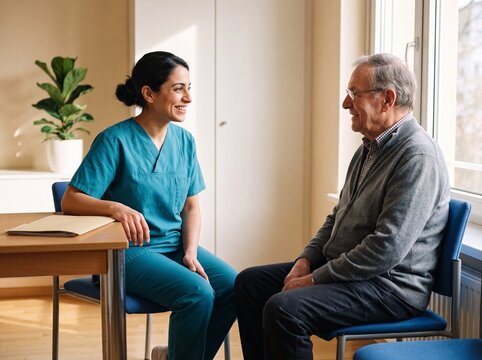 Freundliche Pflegerin im t&uuml;rkisen Kasack im vertrauensvollen Beratungsgespr&auml;ch mit einem &auml;lteren Patienten