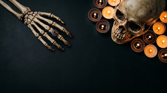 Happy halloween background with human skull and skeleton hand surrounded by glowing orange candles on black