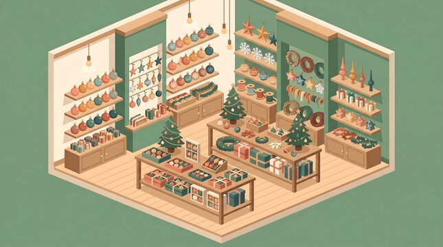 Christmas ornament shop interior isometric vector