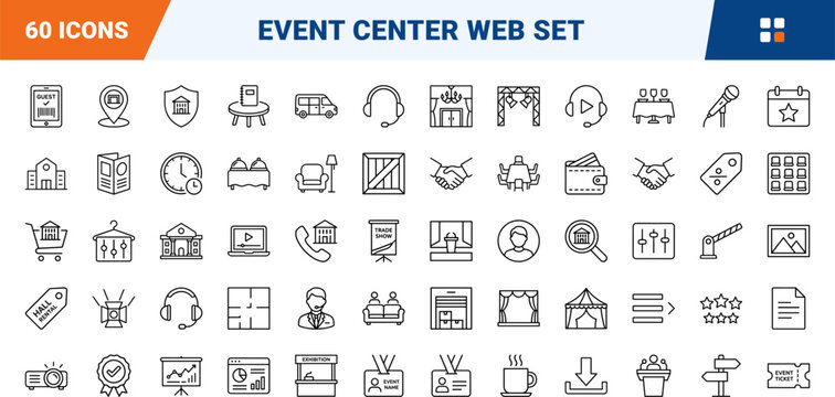 Conference center venue line icon set. Vector pictograms of booking, event, hall, and auditorium elements, thin linear illustration.