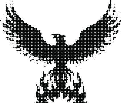 Soaring eagle or phoenix silhouette with fire details, black and white halftone isolated on a white background