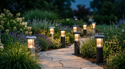 Fototapeta premium Solar garden lights along stone pathway at twilight