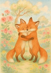 Fototapeta premium Adorable foxes embrace lovingly.