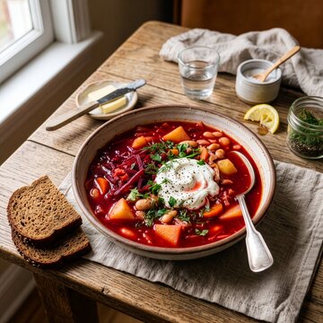 Ukrainian beetroot borscht with potatoes and beans
