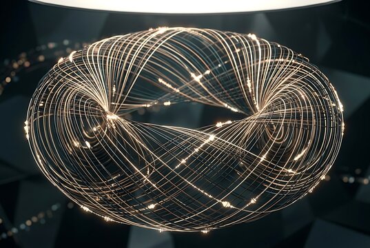 Futuristic torus shaped light structure with glowing digital fibers