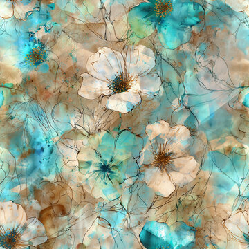 Grunge textured abstract art vector with flower and plants in watercolor ink style