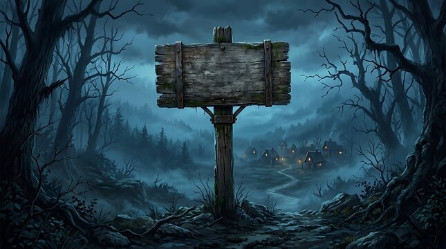 A spooky wooden sign in a dark misty forest wishing everyone a very happy halloween night