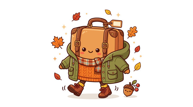 Cute Kawaii Suitcase Character Walking in Autumn Leaves