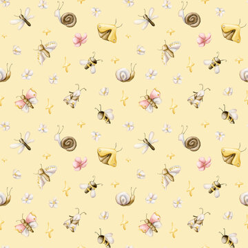Cute Insects Flower Seamless Pattern. Butterfly Bee Dragonfly Watercolor illustration hand painted on yellow background