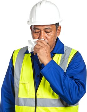 An Asian construction worker wearing a hard hat, reflective vest, and uniform, covers his nose with a tissue, suggesting illness