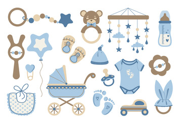 Cute vector baby boy items set. Nursery blue baby shower new born clothes, stroller, bib, milk bottle, pacifier and toys. Hand drawn illustrations gender reveal announcement elements collection. © Катерина Тышковская