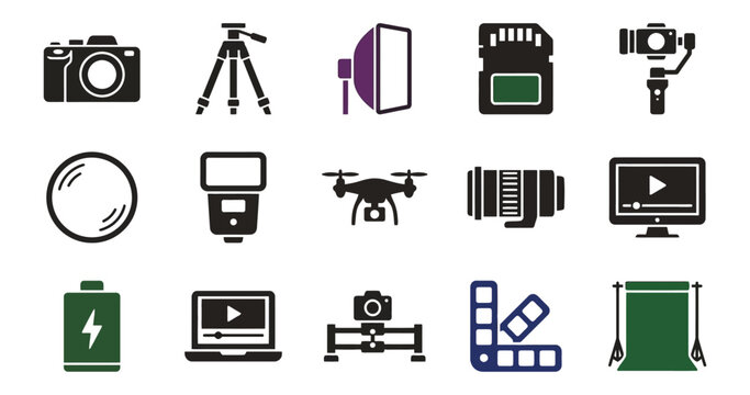 Collection of professional photographic equipment and accessories for visual content creation presented in a grid layout with diverse tools for capturing imagery and filmmaking projects