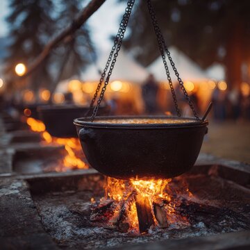 Close-up of a cast iron cauldron cooking food over an open wood campfire at an outdoor event, with blurred tents and evening lights in the background.