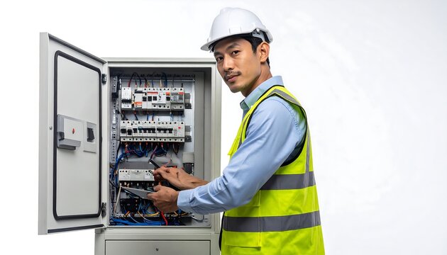 An Asian electrician, wearing a hard hat and safety vest, inspects wiring inside an open electrical cabinet with a white background