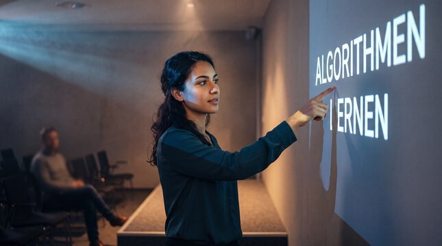Junge Frau zeigt in einem dunklen Seminarraum auf den projizierten Schriftzug ALGORITHMEN LERNEN an der Wand