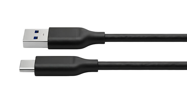 Usba to usbc cable black color connectors detailed close up view showing both types of usb ports for charging and data transfer technology accessory.