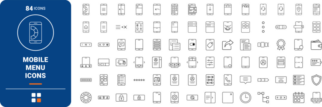 Mobile menu line icon set. Vector pictograms of app, navigation, hamburger, and tab elements, thin linear illustration.