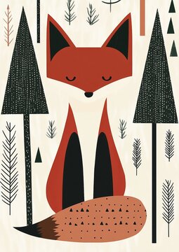 stylized fox illustration in a forest