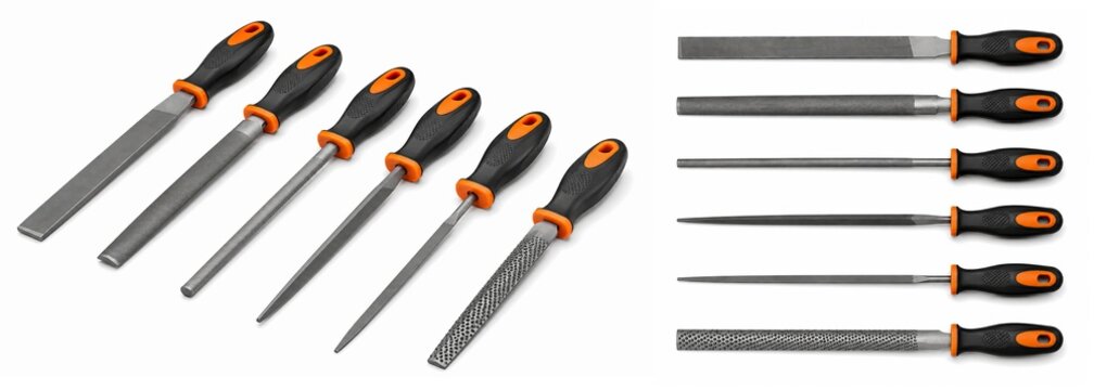 Set of various professional metal and wood files including flat, half-round, round, triangle, needle files and rasp isolated on white background