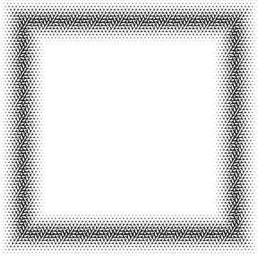 Square frame border made of black halftone dots with a chevron texture effect on a white background, for geometric framing