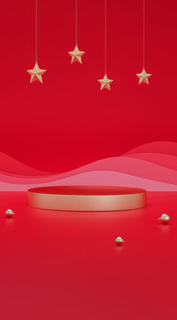Golden podium with stars on red festive background