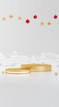 Golden product podiums in winter forest christmas display