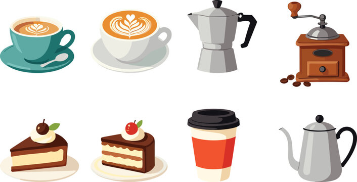 Coffee shop vector clipart set featuring cappuccino cup latte art moka pot grinder cake slice paper cup kettle on white background