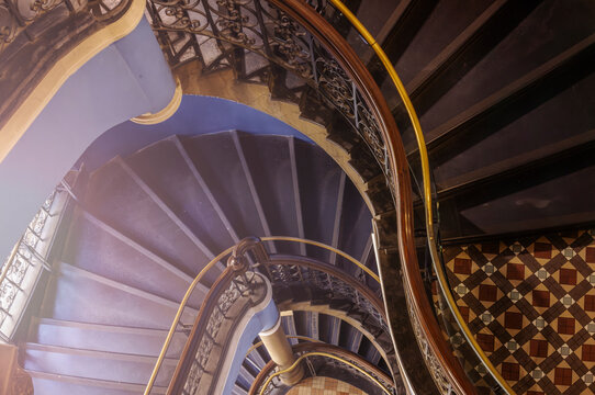 High angle view of historic spiral staircase
