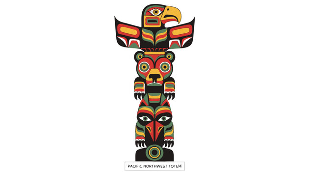 Very beautiful realistic vector illustration of a TOTEM POLE featuring a bold heritage label reading "PACIFIC NORTHWEST TOTEM", intricately carved wooden totem with stylized eagle, bear, wolf, and rav
