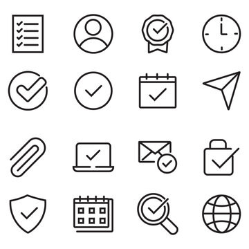 Minimalist business line icons set, 16 black outline vector symbols for productivity and management, professional web interface elements for apps