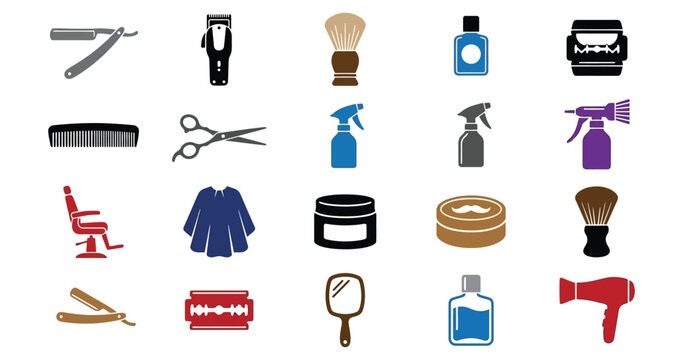 Collection of Barber Styling Tools and Accessories for Hair Care and Grooming Services Including Styling Chair Clippers Scissors Spray Bottles Pomade and Hairdryer for Professional Salons Beauty