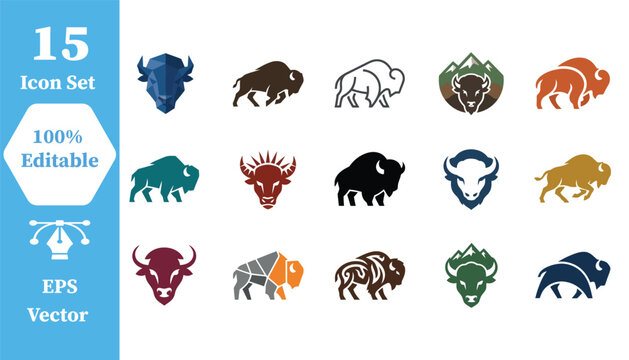 Diverse bison animal head and full body graphic icon collection with wildlife