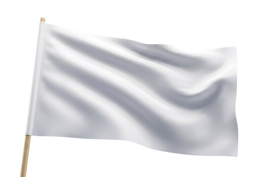 Blank white flag waving on wooden pole, empty cloth symbol of surrender peace truce peace treaty concept, isolated on transparent background, realistic fabric motion.