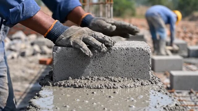 Construction Worker Placing Concrete Block on Wet Cement Foundation
