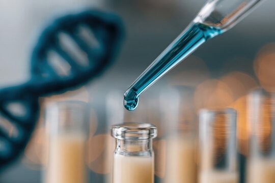 Closeup laboratory pipette dropping blue liquid into vial with blurred dna helix and test tubes for biomedical research and laboratory analysis background