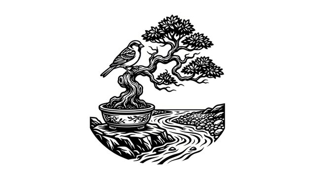 Bonsai tree with bird sitting.