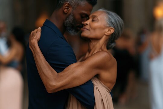 Elegant mature couple slow dancing in an intimate evening wedding reception embrace for romantic background and event banner design