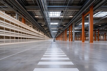 Obraz premium Large empty distribution warehouse with marked pedestrian crossing and tall shelving for logistics background and interior design