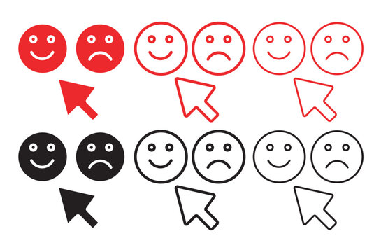 Customer feedback emoji icons with mouse cursor, red and black smiley face rating system, satisfaction survey vector elements for web UI
