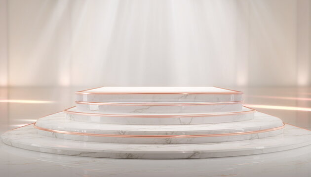 Luxury marble podium stage with rose gold trim under warm light 白大理石の丸型台座とローズゴールド枠が美しいステージ背景イラスト素材