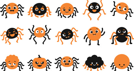 Fototapeta premium Set of cute cartoon spiders in orange and black colors for halloween party decorations and festive design elements